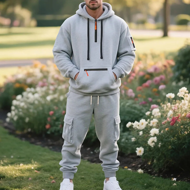 Herren-Sportanzug-Stil, Herbst- und Winter-Fleece, lässige Sportbekleidung für Herren, Reißverschlusspullover, Arbeitshosenanzug mit mehreren Taschen